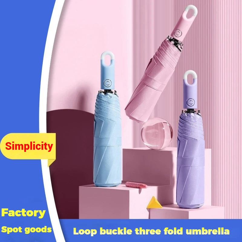 Automatic locking umbrella, creative loop buckle, simple Japanese black rubber sun protection hook type three fold umbrella
