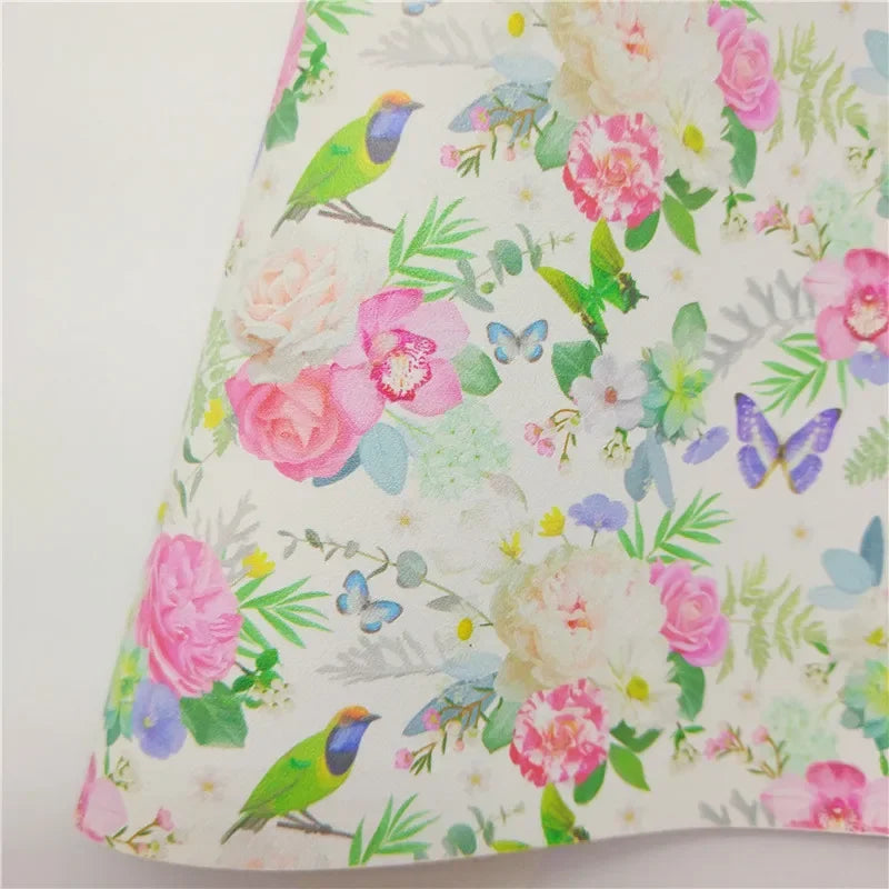 Spring Rose Flowers Printed Synthetic Leather Faux Fabric Sheets Felt Backing Vinyl For Earrings bag Bows DIY GM2381B
