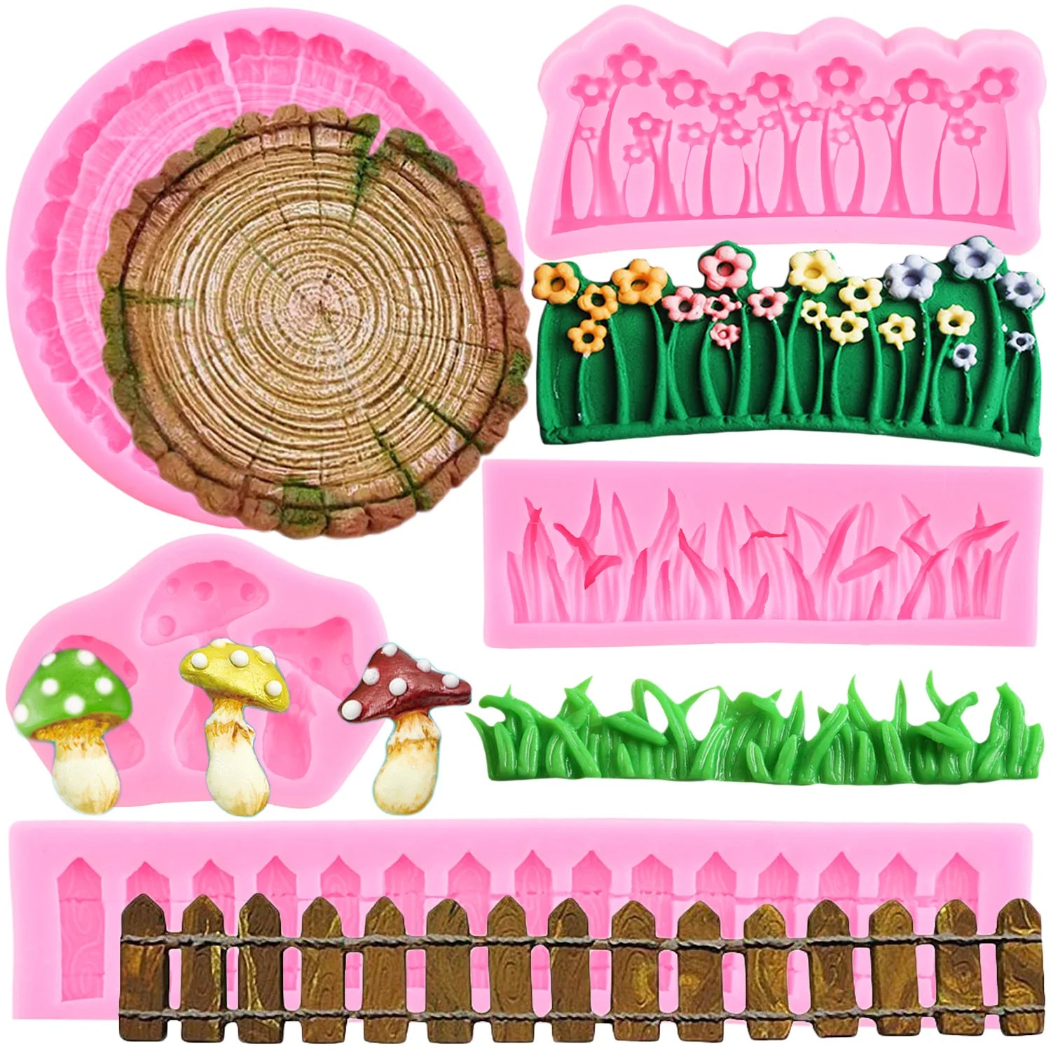 3D Tree Stump Fondant Mold Garden Picket Fence Silicone Molds Grass Flower Mushroom Chocolate Candy Mold Cake Decorating Tools