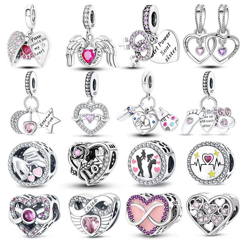 Real 925 Sterling Silver Pink Series Heart Charms Beads Fit Qikaola 925 Original Bracelets DIY Mother's Day Jewelry Gift For Mom