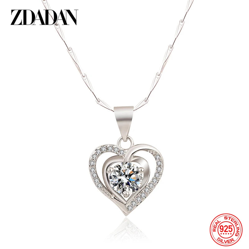 ZDADAN 925 Silver Double Heart Blue Zircon Necklace Chains For Women Wedding Jewelry