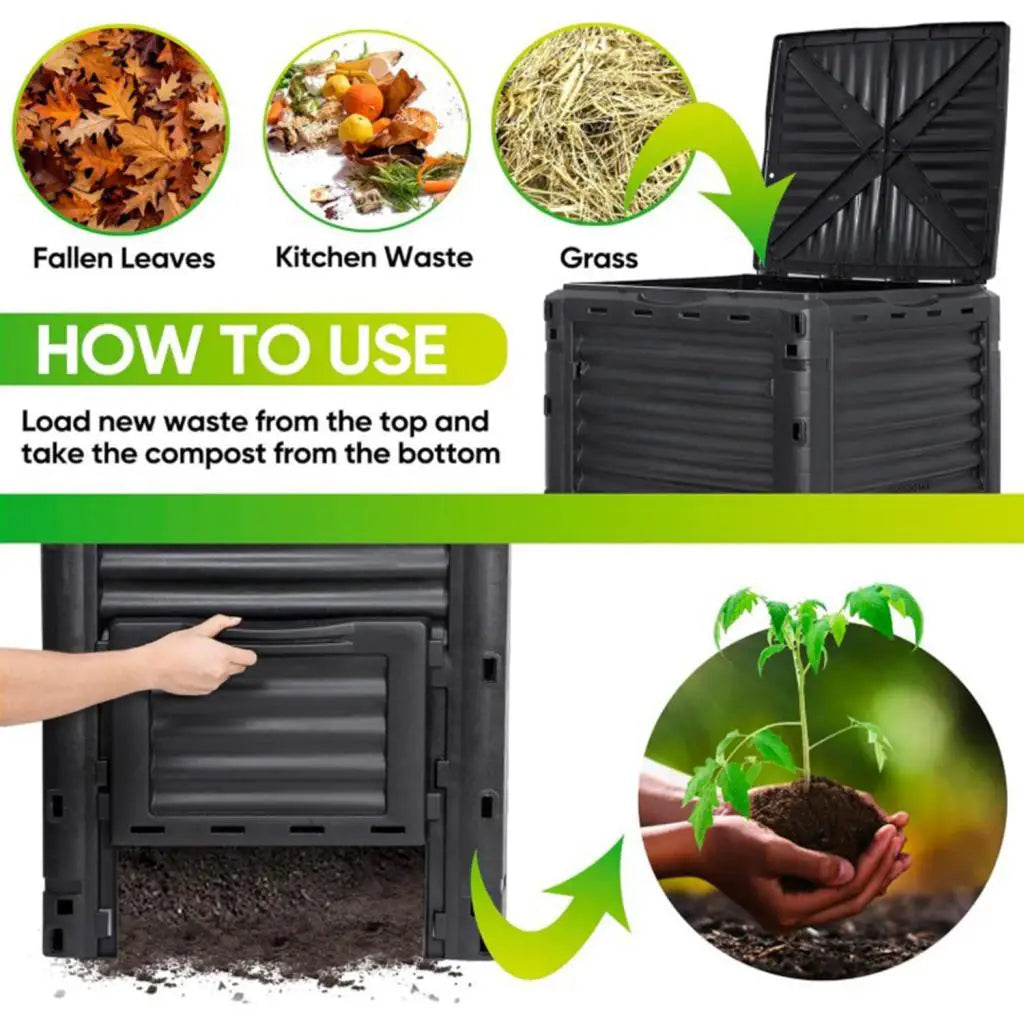 Garden Compost 80 Gallon(300 L)  Bin Aerating Outdoor Compost Box Easy Assembling, Lightweight Black for Backyard Farm Balcony