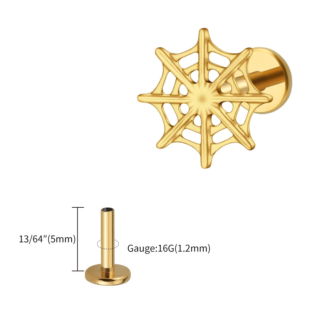 Right Grand ASTM F136 Titanium 16G Spider Web Stud Earring Cartilage Tragus Helix Conch Ear Lobe Flat Piercing Halloween Jewelry