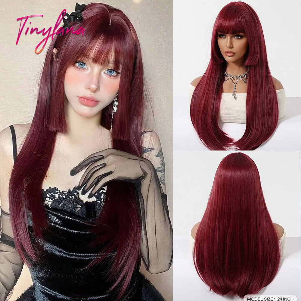 Long Straight Light Pink Synthetic Wigs with Bangs for Women Cosplay Halloween Lolita Pink Party Wig Natural Hair Heat Resistant