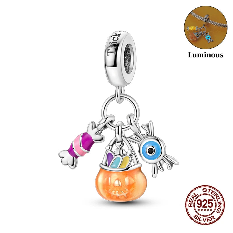 2025 Hot Sale Halloween Charms Bead 925 Sterling Silver Luminous Pumpkin Ghost Dangle Fit Bangle Bracelet Necklace DIY Jewelry