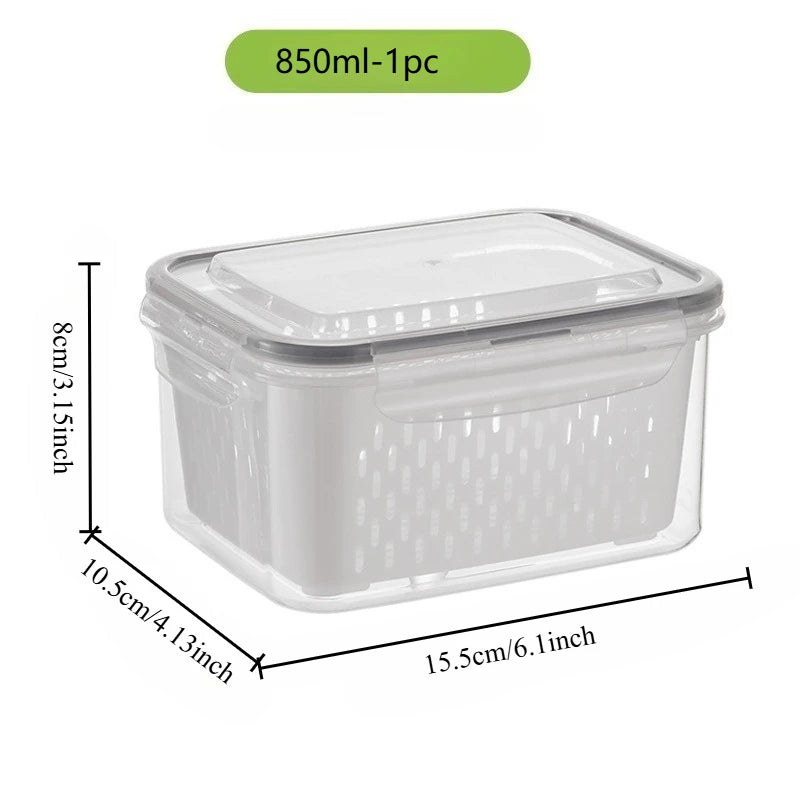 Plastic Food Storage Container with Drainage Basket and Lids, Fridge-Safe, Reusable Kitchen Organizer, Refrigerator Storage Box