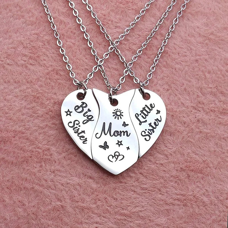 3 PCS Heart Matching Mom Daughter Son Necklace Set Stainless Steel Big Sister Little Sister Necklace Gifts For Mother