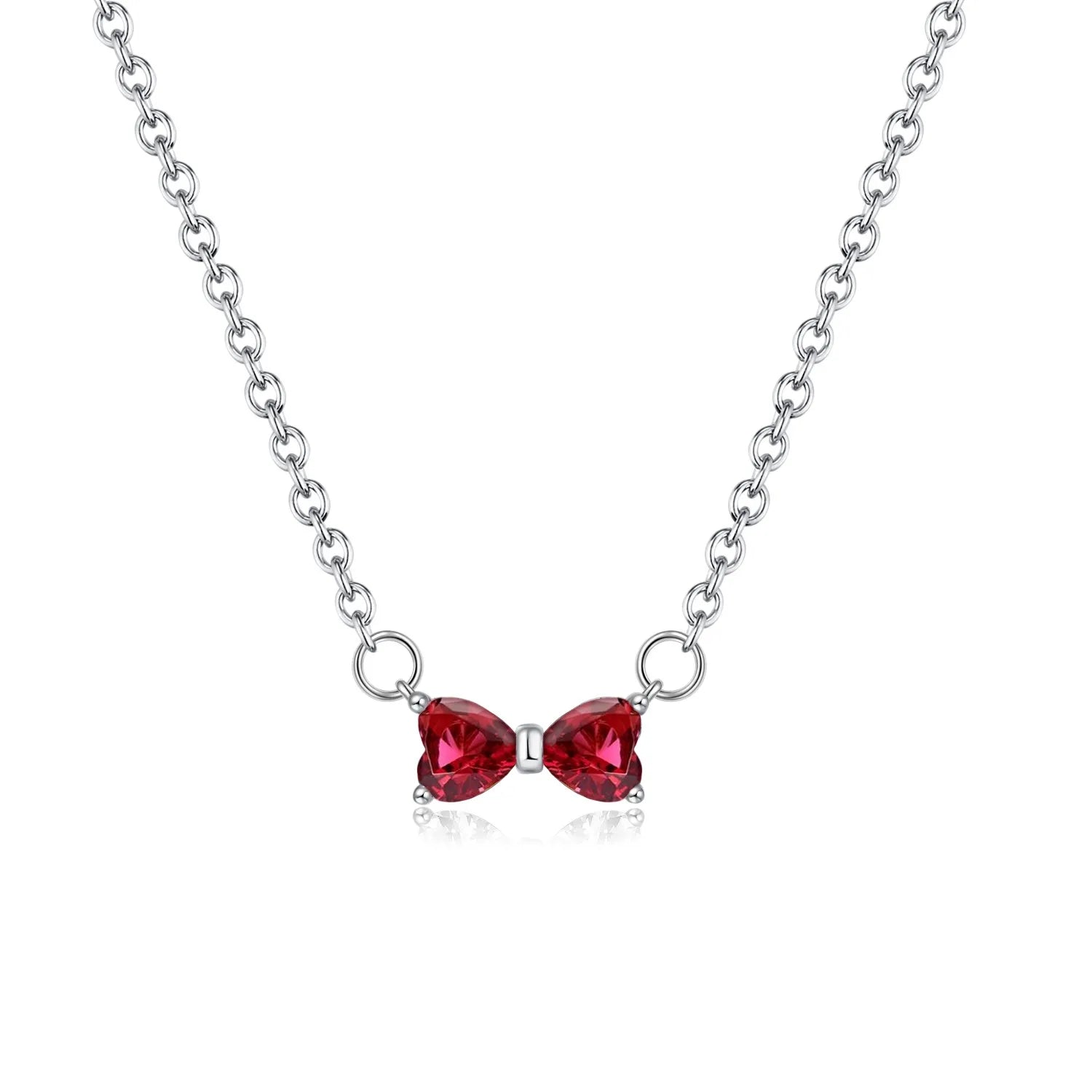 Luxury Original 925 Sterling Silver Necklace Bow Round CZ Red Heart Pendant Necklace Charm Women Classic DIY Gift Making