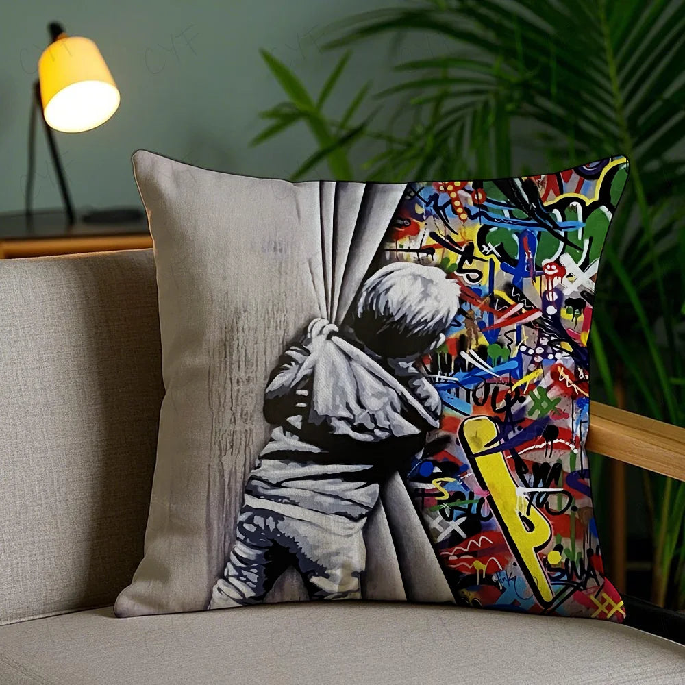Banksy Street Graffiti Art Pillow Case Anti-dustmite Pillowcase Invisible zipper silky short plush Sofa cushion cover