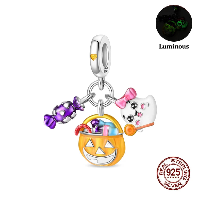 2025 Hot Sale Halloween Charms Bead 925 Sterling Silver Luminous Pumpkin Ghost Dangle Fit Bangle Bracelet Necklace DIY Jewelry