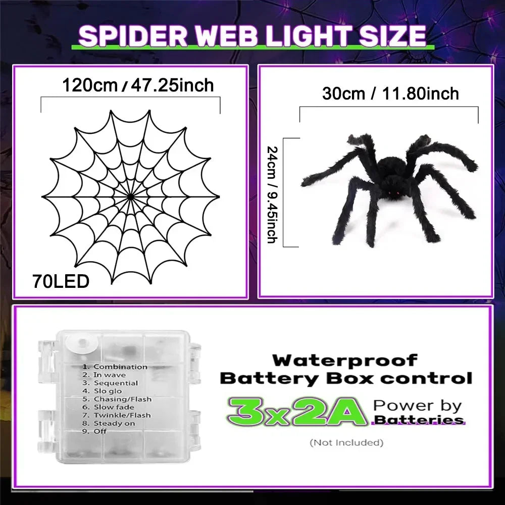 Halloween Decor 70LED 1.2m Spider Web Lights Waterproof Spider Net Lights Halloween Purple String Light Outdoor Home Party Decor