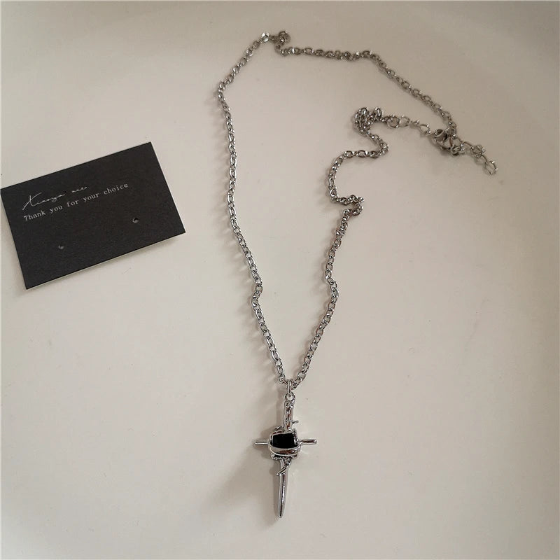 Gothic Trendy Y2K Black Cross Love Heart Pendant Rope Chain Necklace For Women Men Fashion Hip Hop Rave Gift Jewelry Accessories