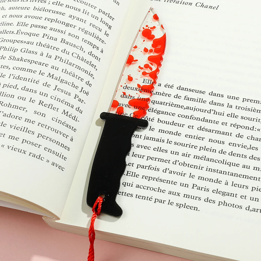 1Pcs Horror Knife Clear Acrylic Bookmark with Tassel, Halloween Themed Series Chopper Saw with Blood, Halloween for Bookworms