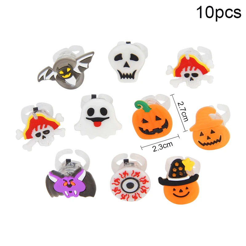 10pcs Halloween Party Glow Ring Kids Gifts Toys Pumpkin Bat Ghost Skull Creative LED Luminous Finger Rings Decor Party Supplies