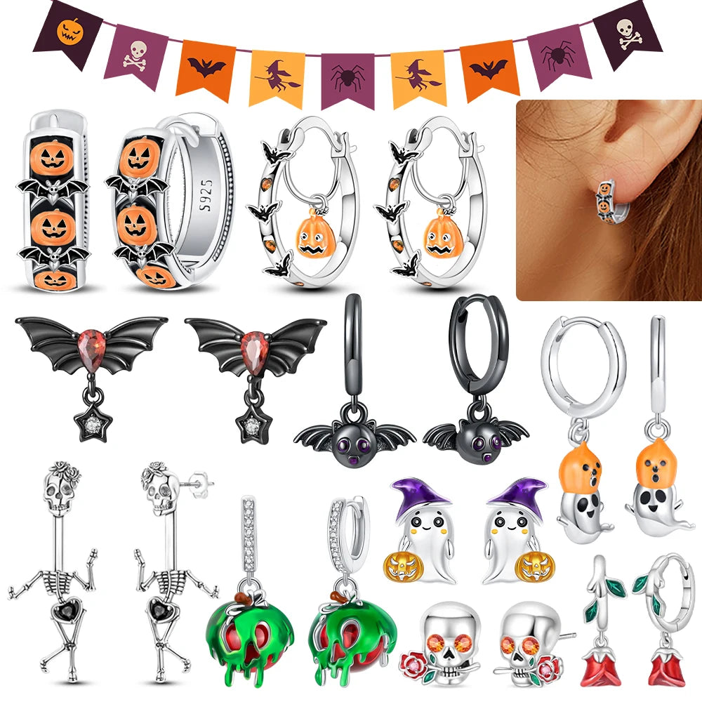 Halloween Pumpkin Bat Ring Earrings halloween charms silver 925 Earring For Women Punk Men's Earrings Fit Party Jewelry Gift