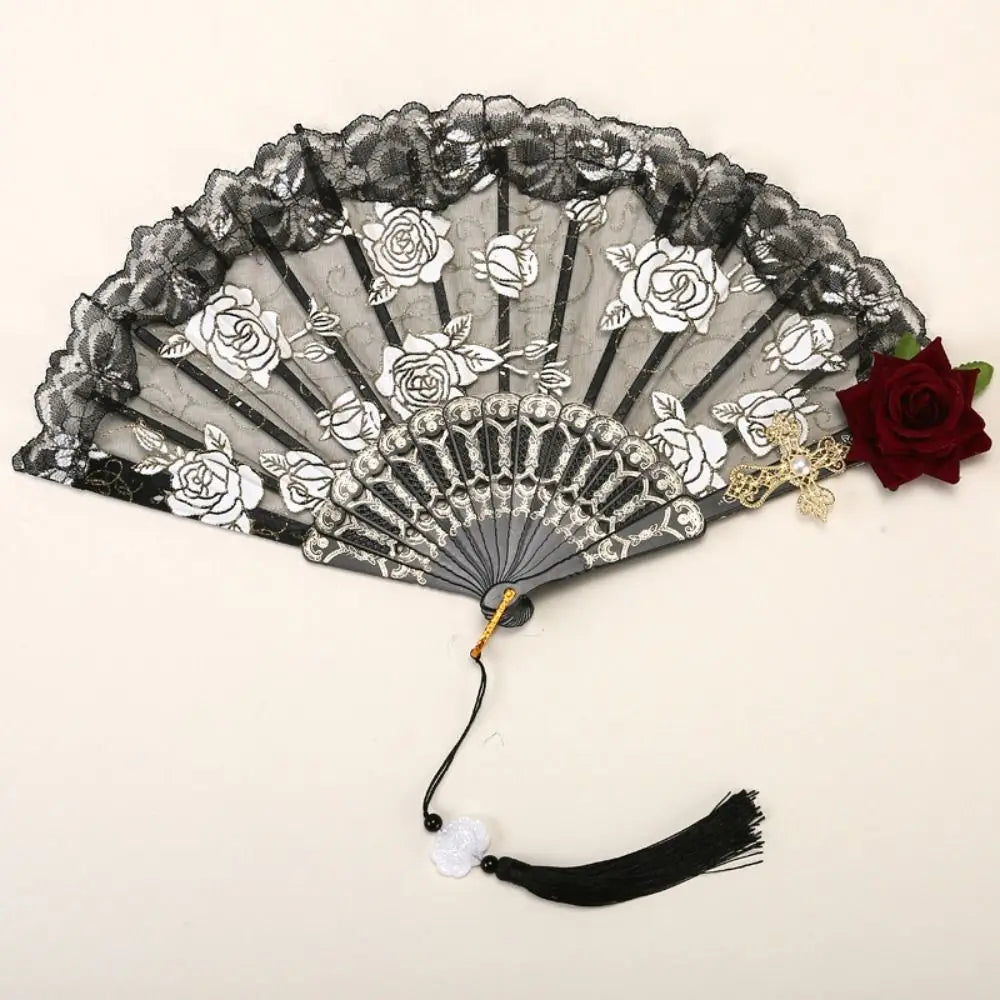 Gothic Court Lolita Lace Fan Dance Hand Fan Lace Rose Folding Fan Props for Photography