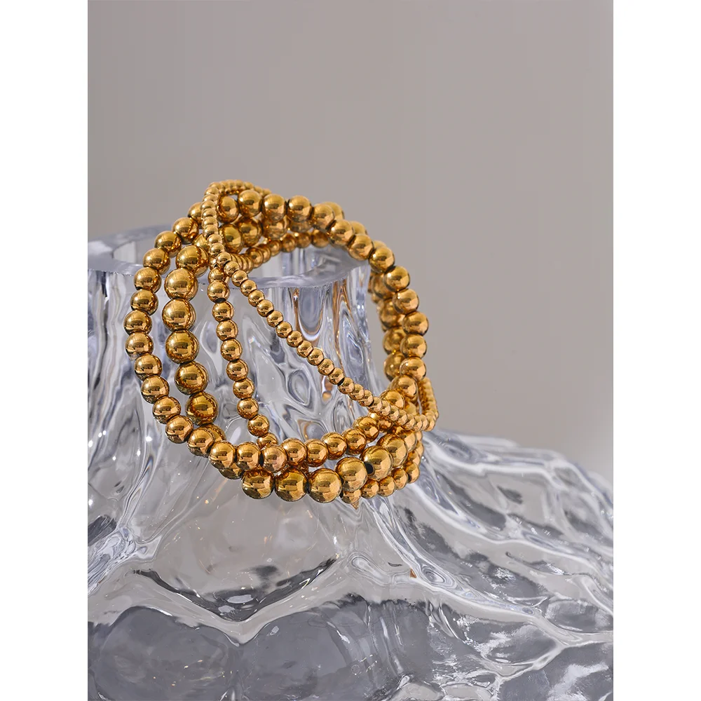 Yhpup 3/4/5/6 MM Stainless Steel Beads Daily Handmade Elastic Bracelet Bangle Waterproof Wrist Wholesale Gold Color Jewelry Men