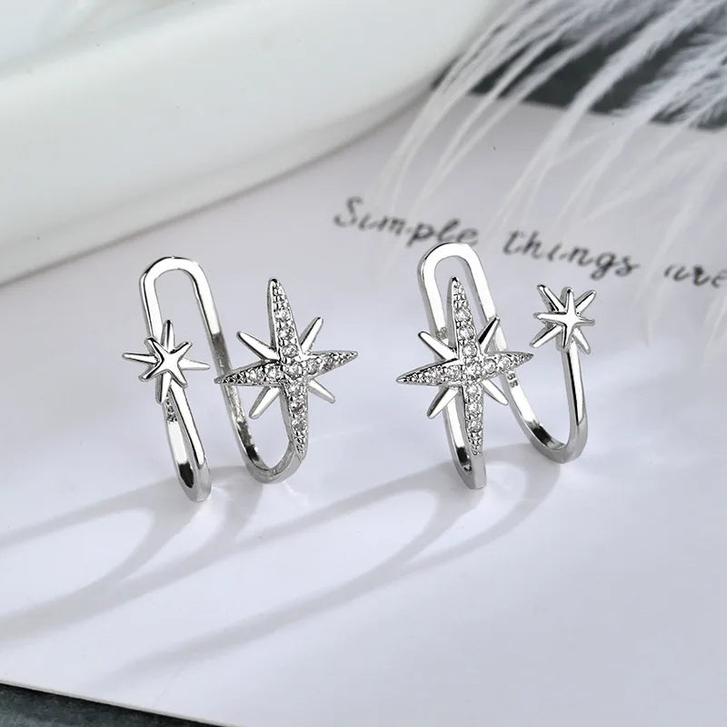 Korean Exquisite Zircon Star Ear Clip for Women Without Piercing Long Tassel Sweet Ear Cuff Clip Earrings Wedding Jewelry Gift