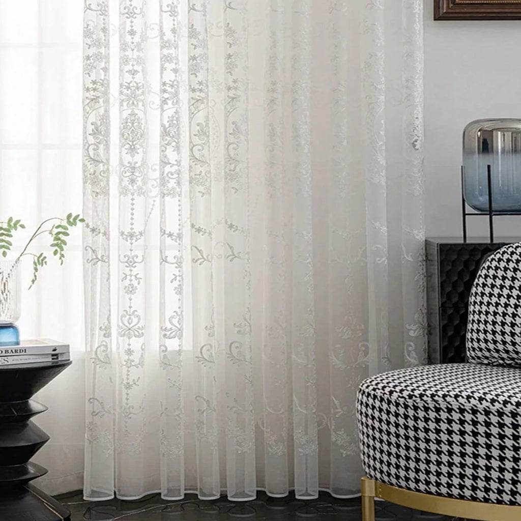 1pc Elegant Single Layer Embroidered Sheer Curtain, Breathable,Anti-Mosquito,sunscreen,for Living Room, Bedroom Decor