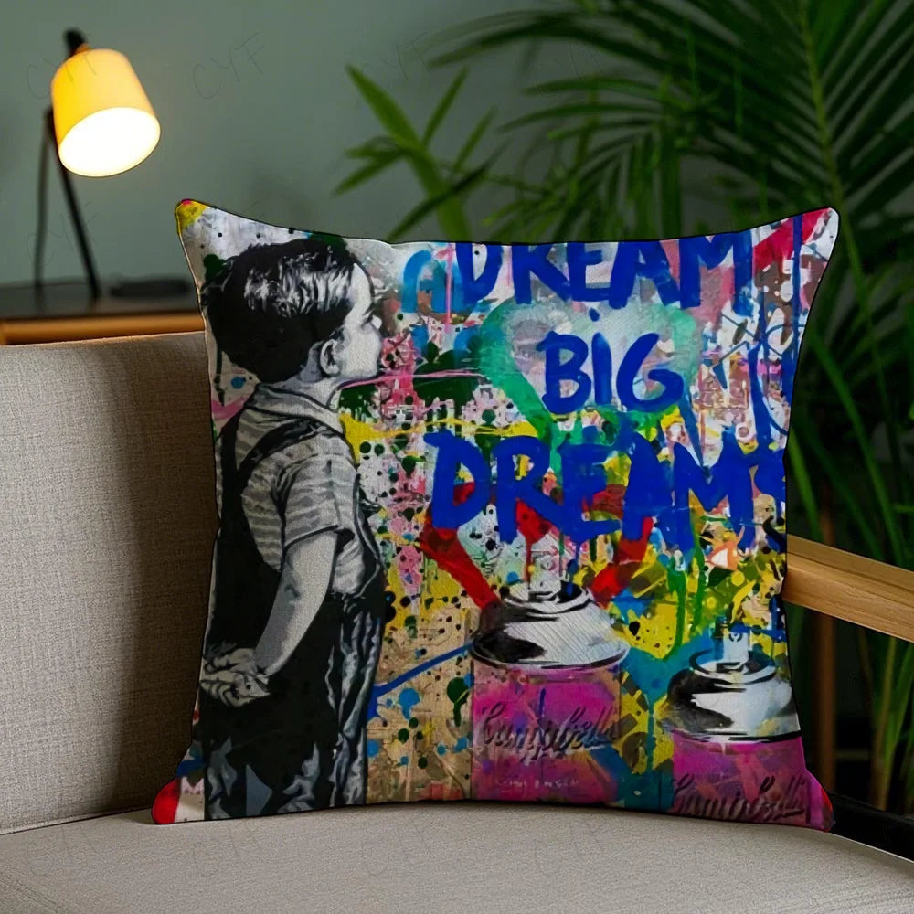 Banksy Street Graffiti Art Pillow Case Anti-dustmite Pillowcase Invisible zipper silky short plush Sofa cushion cover