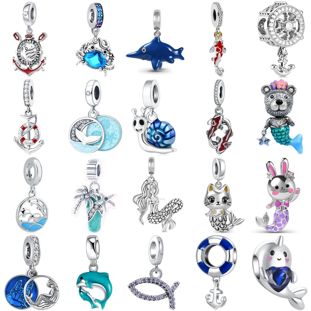 New 925 Sterlling Silver Elegant Blue Ocean Mermaid Koi Crab Charm Pendant Fit Original Bracelet DIY Women Jewelry Accessories