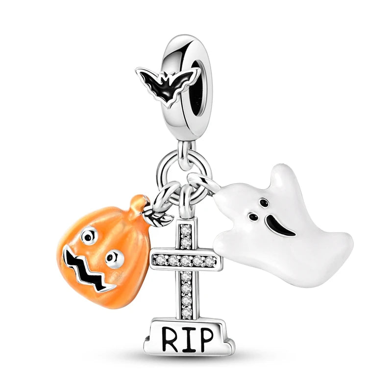 Original 925 Sterling Silver Halloween Charms Beads Pendant Pumpkin Witch Doll Skull Candy Charm Fit Bracelet DIY Jewelry Gift