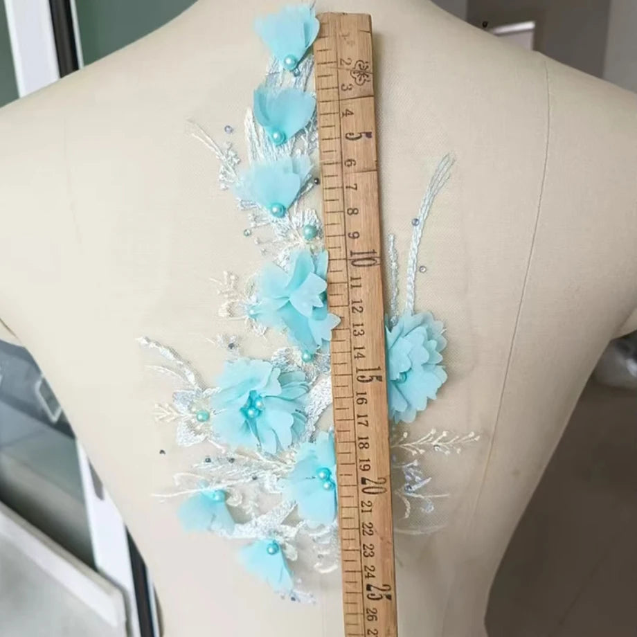1Pc Pink Blue 3D Flower Bead Embroidery Patch Mesh Fabric Applique Sew Wedding Dress Clothes Decor Diy Repair