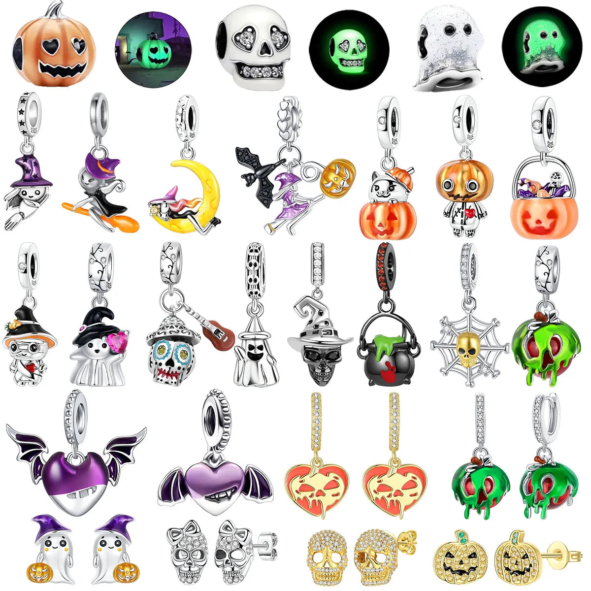 Original 925 Sterling Silver Halloween Charms Pumpkin Skull Witch Ghost Bead Earrings Pendant Fit Bracelet Necklace Jewelry