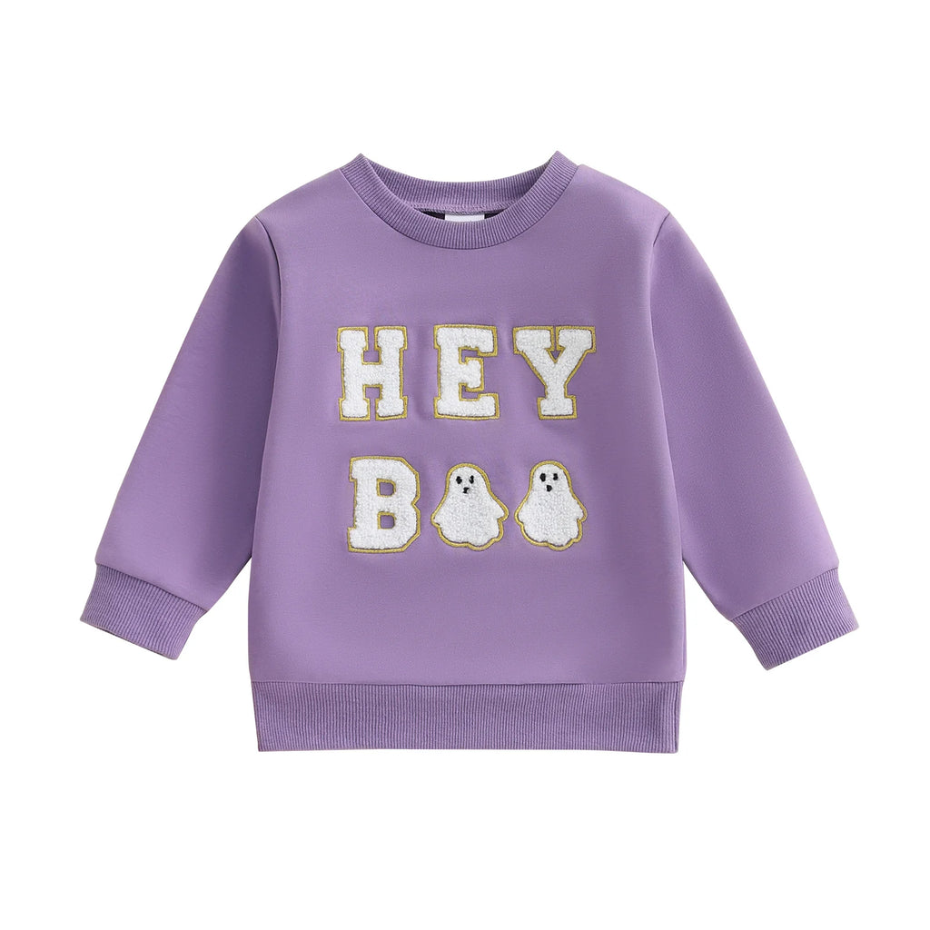 Adorable Infant Halloween Pullover with Embroidered Letters Round Neck and Long Sleeves - Stylish Toddler Outfit for Fall Fun