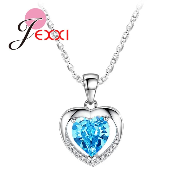 925 Sterling Silver Bridal Jewelry Heart Shape Pendant Necklace Chain Clear Crystal   For Wedding Party Birthday Gifts