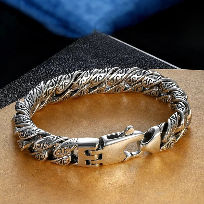 Real S925 Sterling Silver personality Tang grass pattern men's and women's retro hip Hop bracelet fashion certified jewelry gift