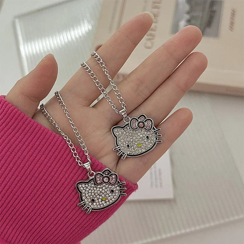 Hello Kitty Sanrio Fashion Necklace Silver Color Layer Shining Bling Women Clavicle Chain Elegant Charm Wed Pendant Jewelry Gift