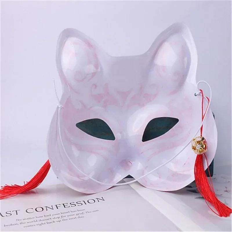 Party Show Fox Mask With Tassels And Bells Hand-painted Kitsune Half Face Halloween Cosplay Gift