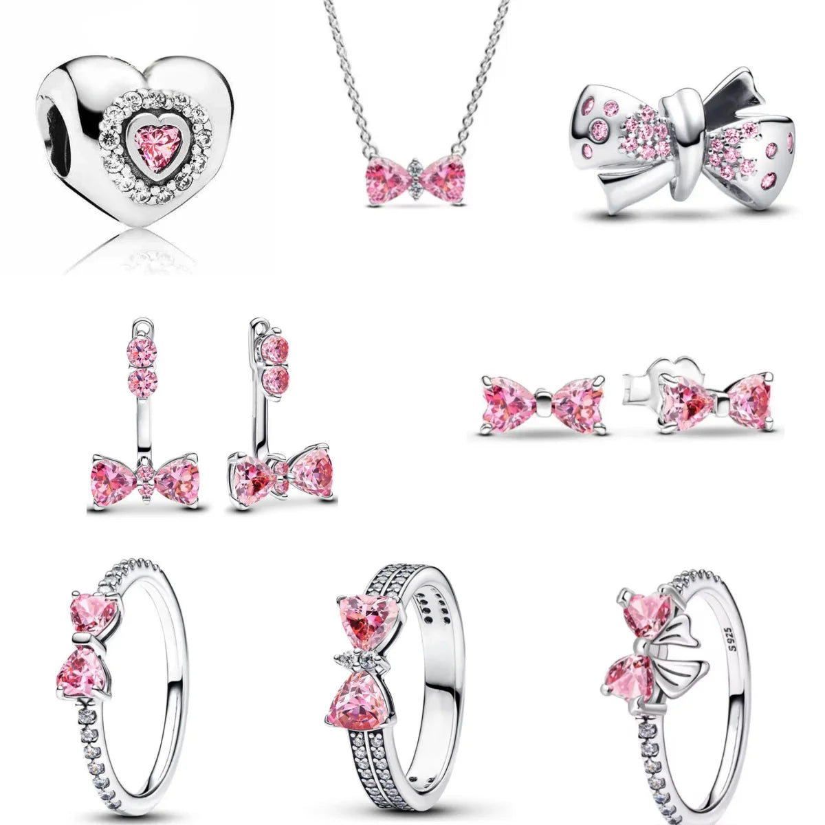 New 925 silver pink bow heart-shaped pendant ring necklace earrings crystal women's Valentine's Day birthday gift DIY jewelry