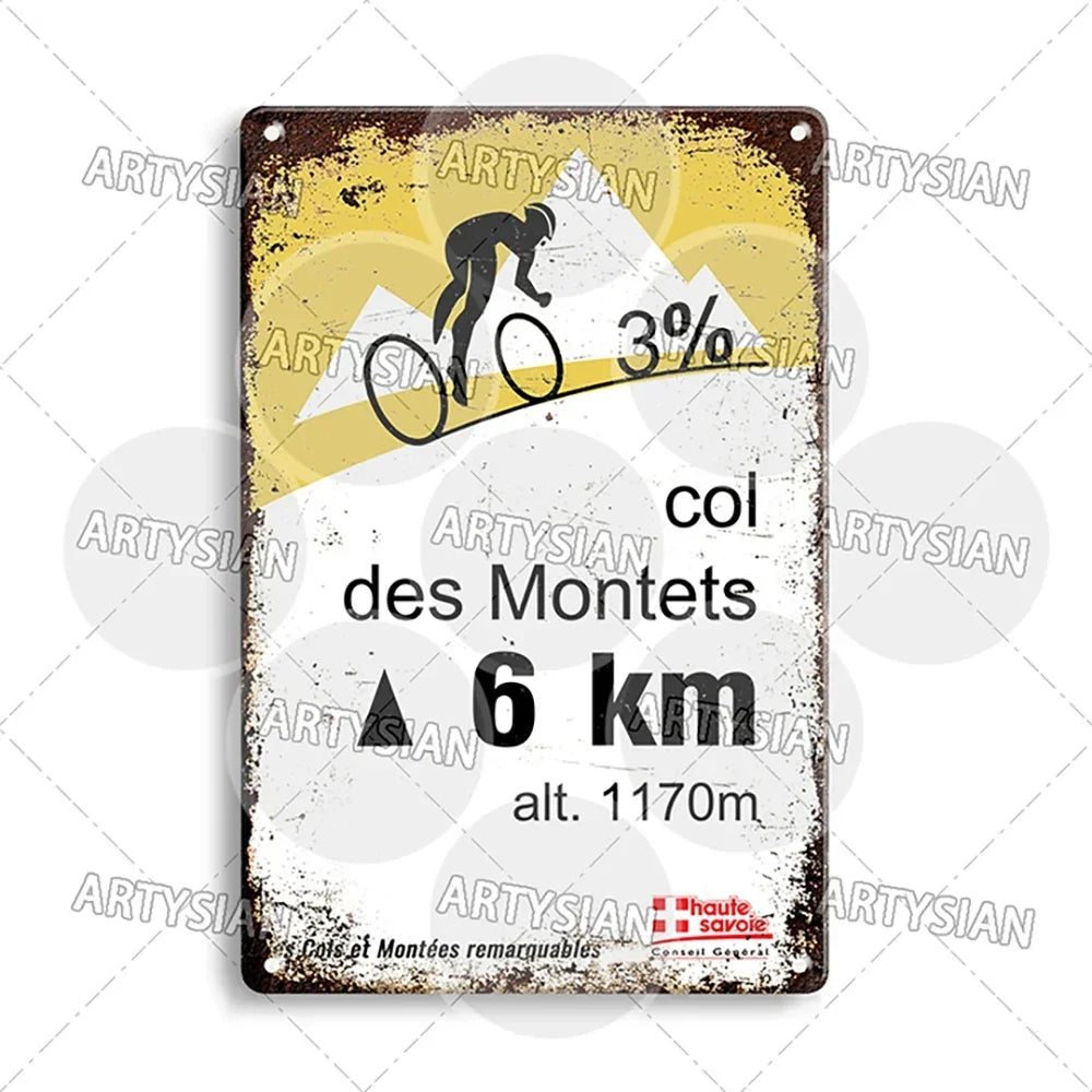Tour de France Metal Sign Cycling Plaque Paves Du Paris Roubaix Col du Galibier Col de Sarenne Alpe d'Huez Mont Ventoux Glandon