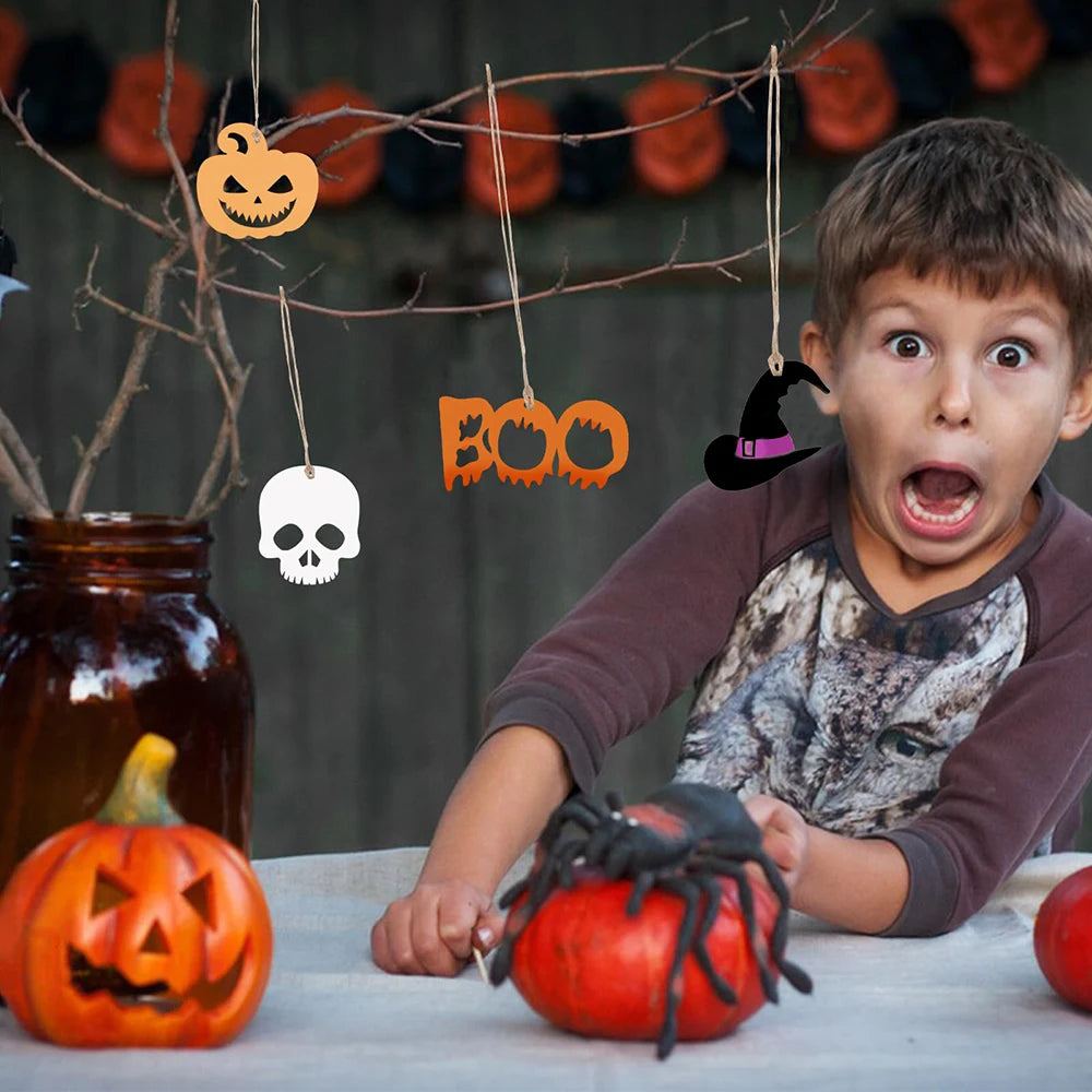 10pcs Halloween Unfinished Wooden DIY Paintings Pumpkin Head Witch Spider Cutout Ornaments Ghost Shapes Wooden Slices Hanging