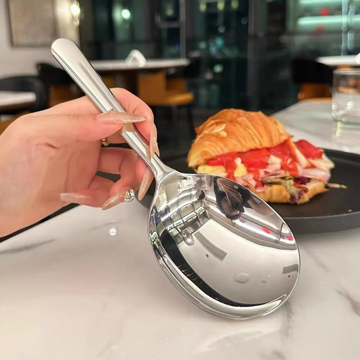 1Pc Big Head Stainless Steel Round Spoon Large Size Dining Spoon Rice Serving Spoon Drain Hole Heat Spoons Kitchen Tool Utensils