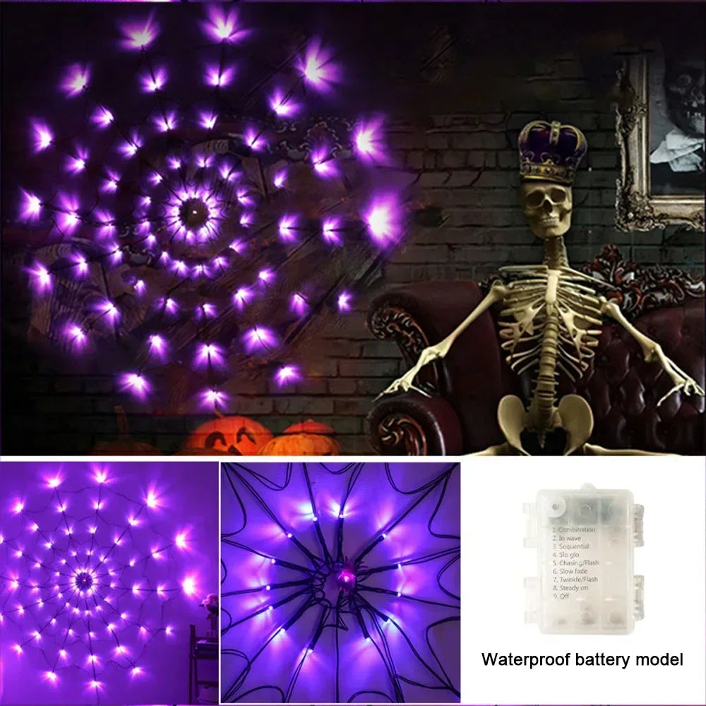 Halloween Decor 70LED 1.2m Spider Web Lights Waterproof Spider Net Lights Halloween Purple String Light Outdoor Home Party Decor