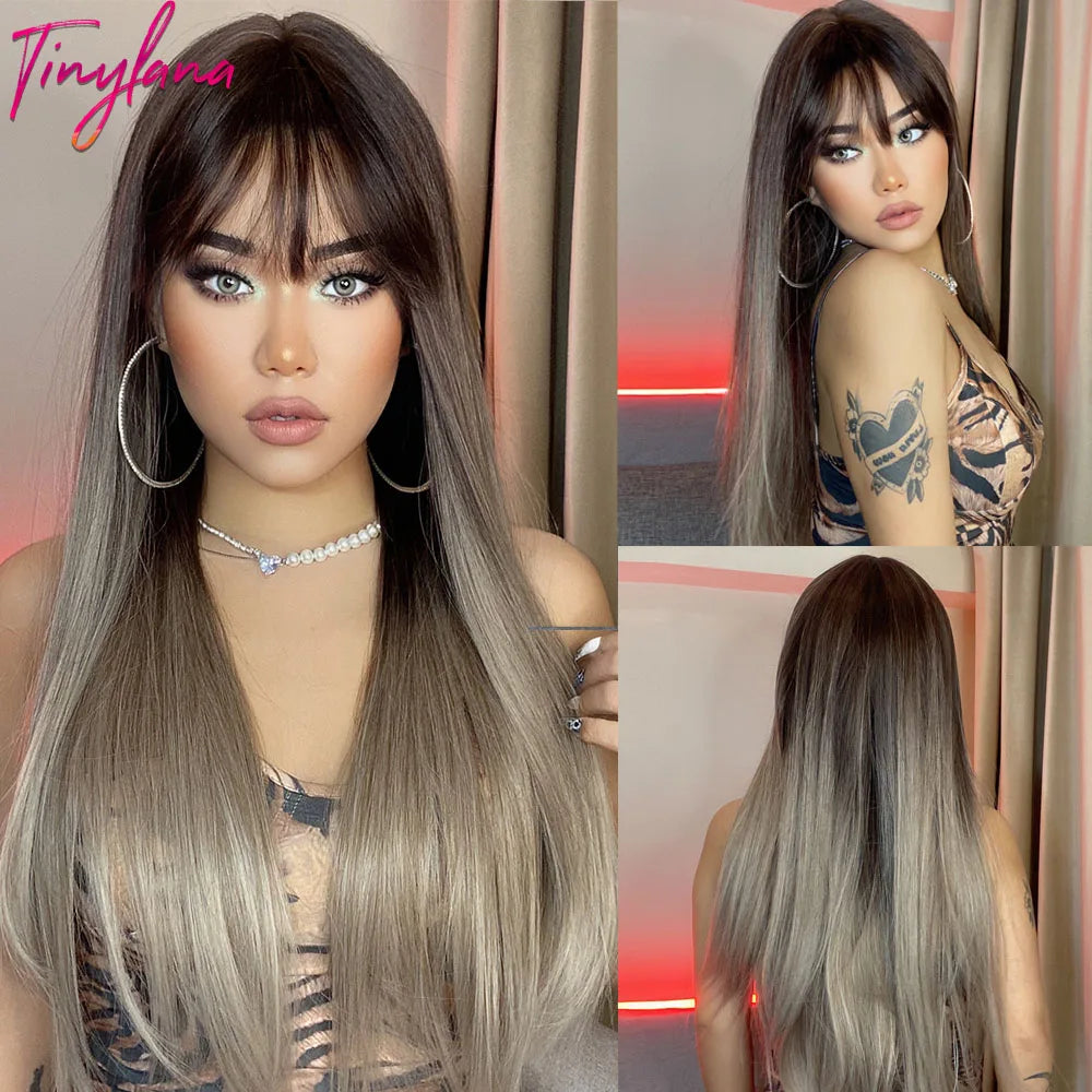 Long Straight Light Pink Synthetic Wigs with Bangs for Women Cosplay Halloween Lolita Pink Party Wig Natural Hair Heat Resistant