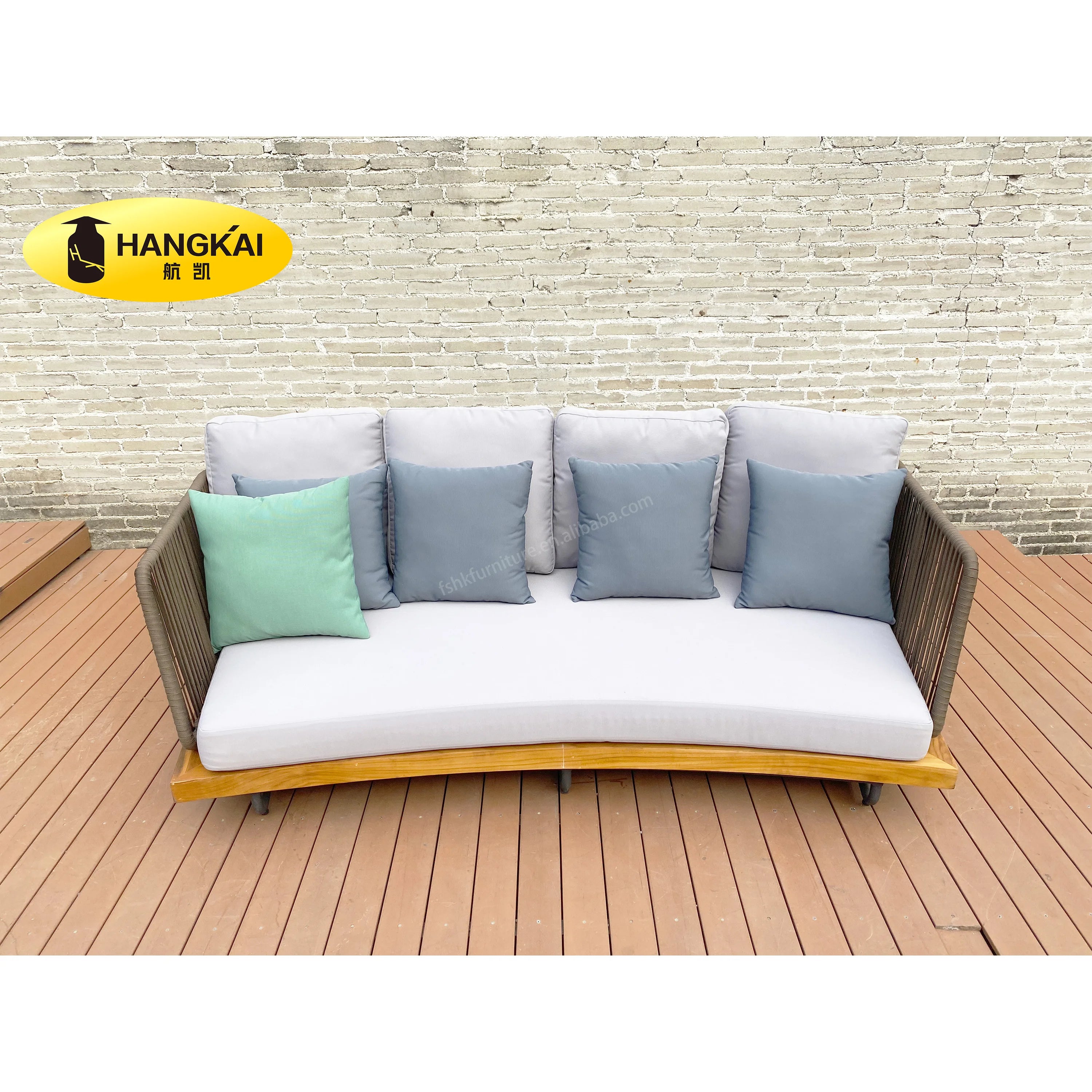 Garden Patio Modern Design Hand Woven Rattan Wicker Olefin Rope Teak Base Outdoor Sectional Sofa Set