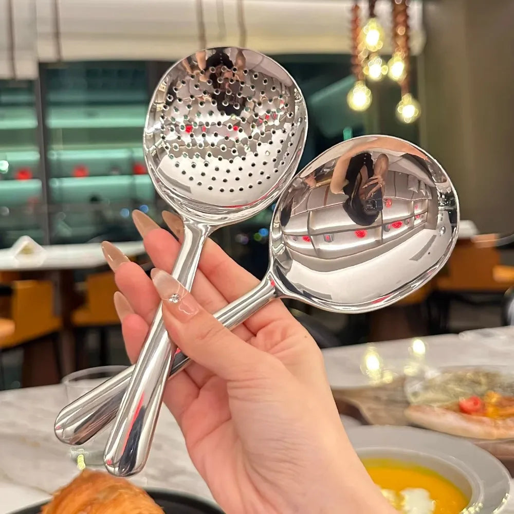 1Pc Big Head Stainless Steel Round Spoon Large Size Dining Spoon Rice Serving Spoon Drain Hole Heat Spoons Kitchen Tool Utensils
