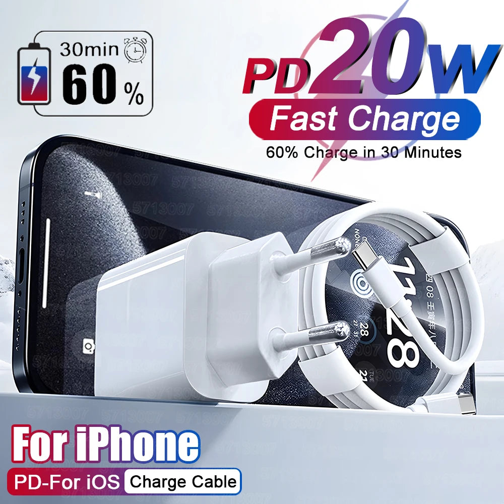 20W For iPhone USB C Fast Charger For iPhone 15 14 13 12 11 16 Pro Max 8 Plus PD Charger Type C Quick Charging Cable Accessories