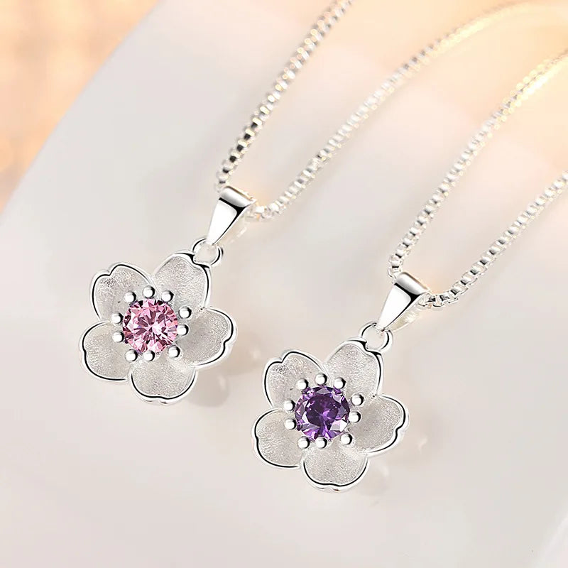 925 Sterling Silver Pink Purple Peach Blossom Necklaces For Women Luxury Designer Jewelry Accessories Wholesale Jewellery