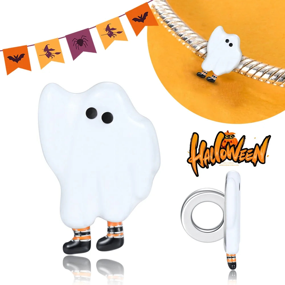 Halloween Dangle 925 Sterling Silver Skeleton Witch Devil's Eye Skull Charms Bead Fit Original Bangle Bracelet Necklace Jewelry