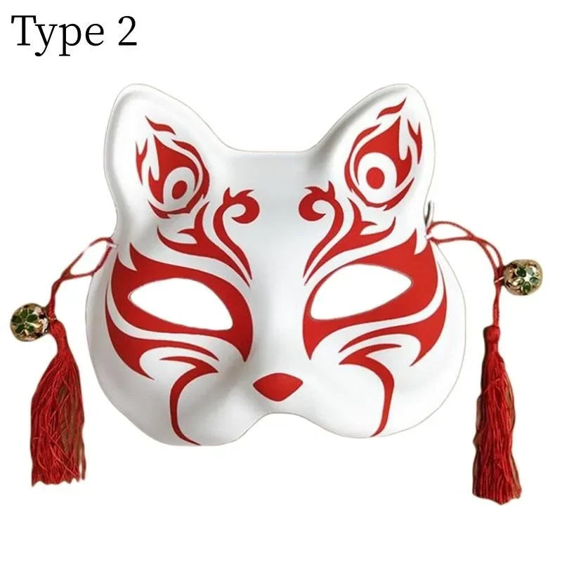 Party Show Fox Mask With Tassels And Bells Hand-painted Kitsune Half Face Halloween Cosplay Gift
