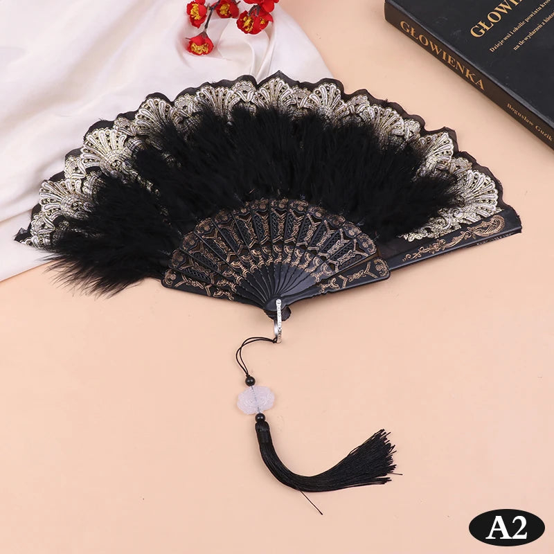 Gothic Court Dance Hand Fan Lolita Feather Folding Fan Japanese Sweet Fairy Girl Dark Art Craft Gift Wedding Party Decoration