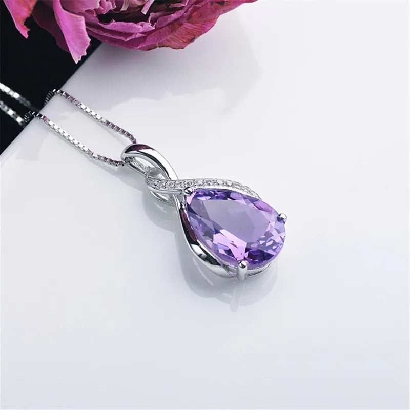 Buyee 925 Sterling Silver Female Stone Pendant Chain Natural Amethyst & Aquamarine Necklace for Women Fashion Fine Jewelry Chain