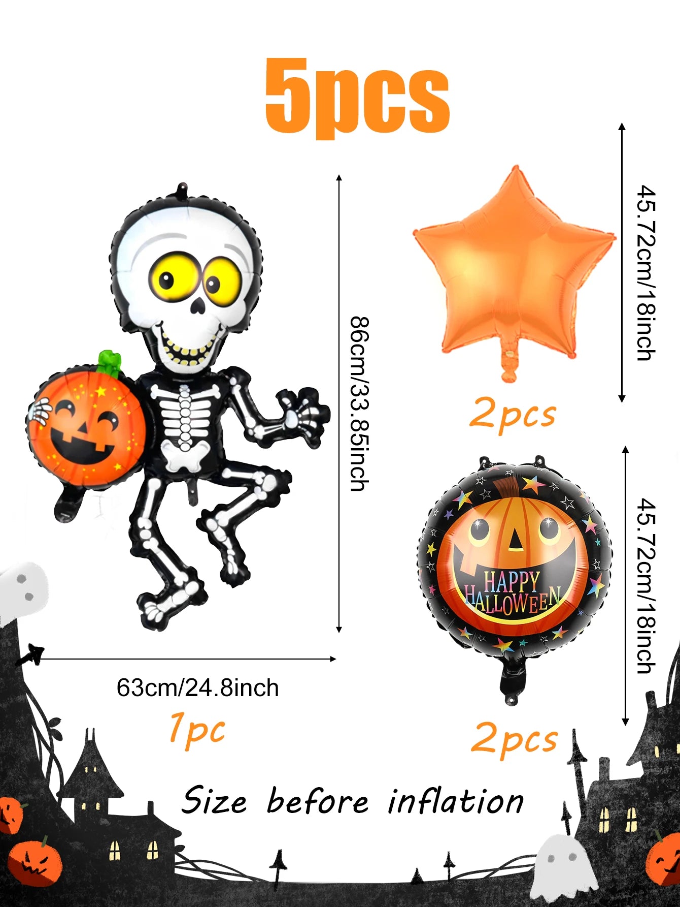 5 pcs Halloween skull balloon set, suitable for Halloween party decoration, trick or treat, horror decoration supplies