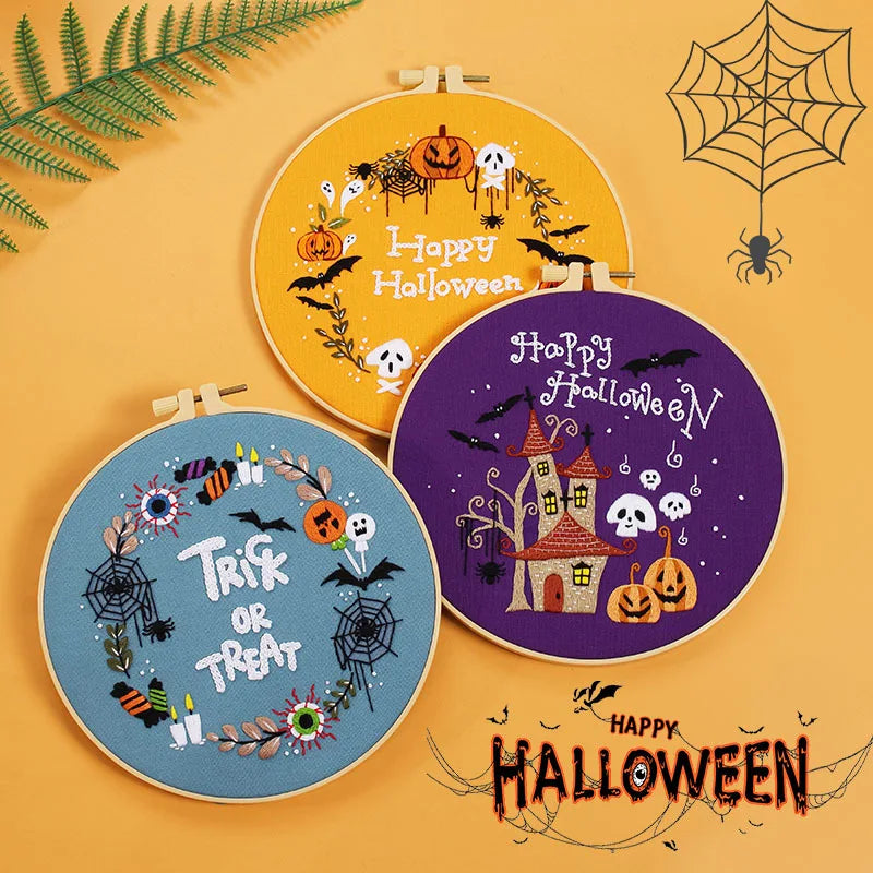 Halloween Embroidery Kits, Cross Stitch Kit for Beginners Adults DIY Spider Pumpkin Wreath Crafts Embroidery Kit