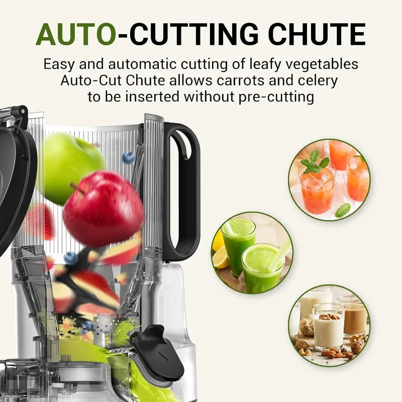 AMZCHEF 5.3-Inch Self-Feeding Masticating Juicer Fit Whole Fruits & Vegetables, Cold Press Electric Juicer Mach
